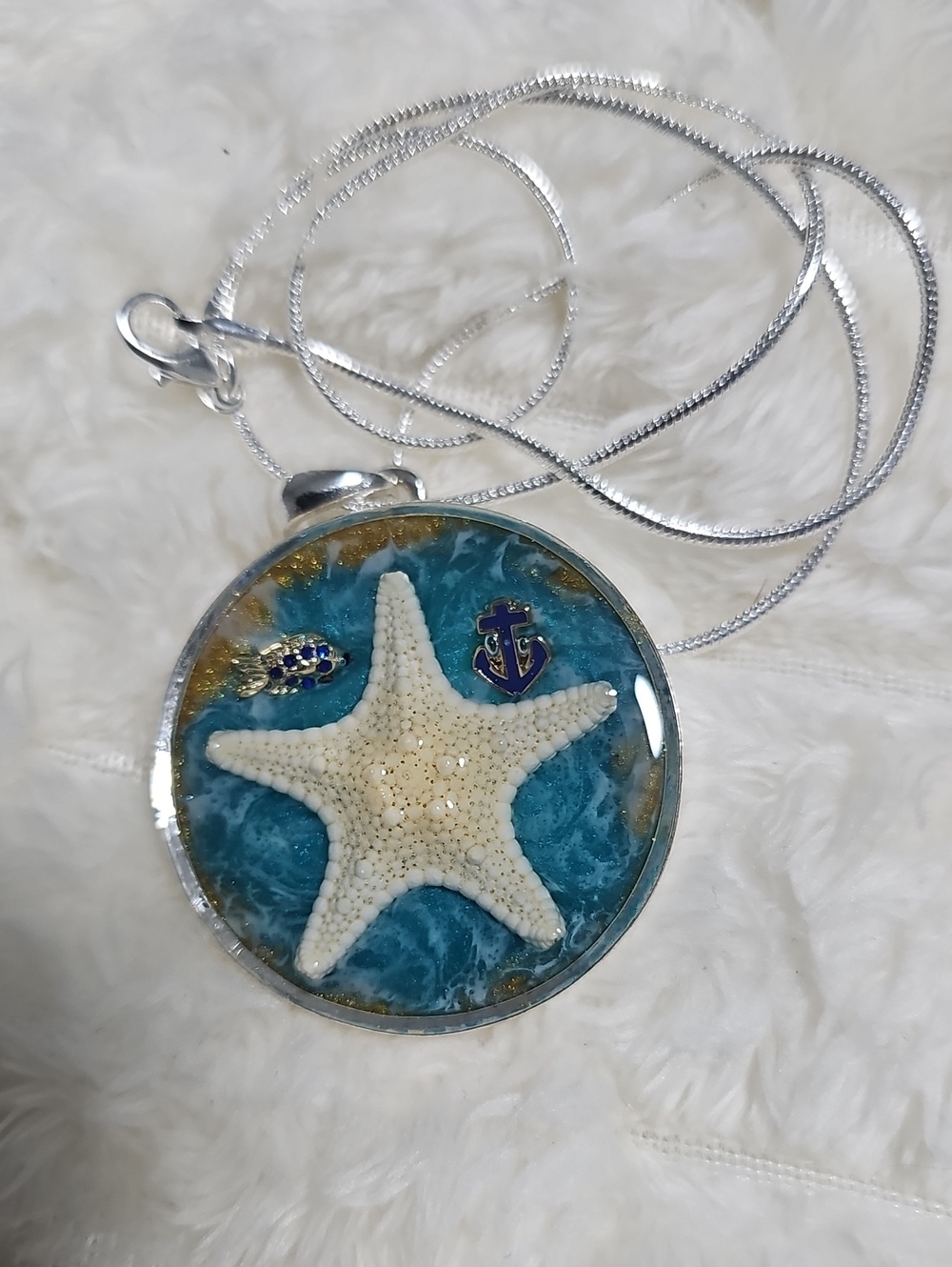 Coastal Starfish Pendant Necklace in Turqoise  and White